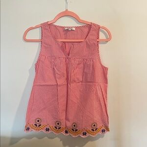 Madewell Pink Gingham Sleeveless Embroidered-Hem Tank
